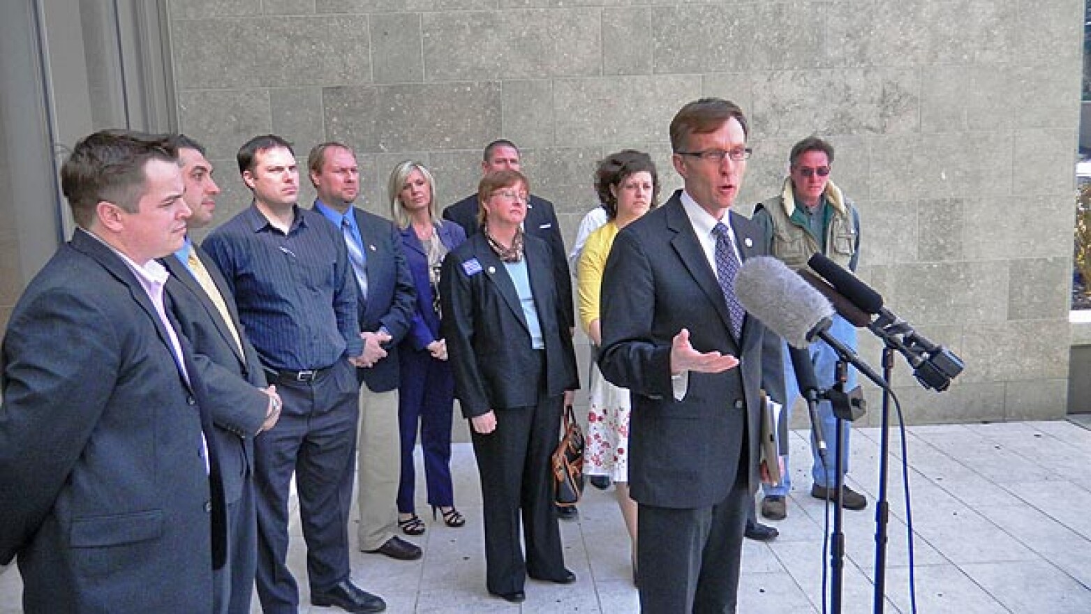 Republican candidate for governor Rob McKenna with supporters at a budget press conference during which he attacked Speaker Of The House Frank Chopp. Photo by Austin Jenkins